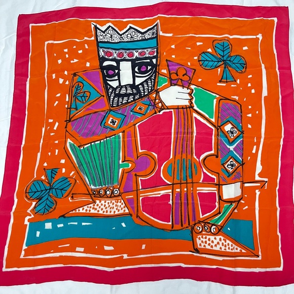 Vintage Silk Scarf King of Clubs Design – Hand-Rolled Mid-Century Pop Art - Picture 1 of 12